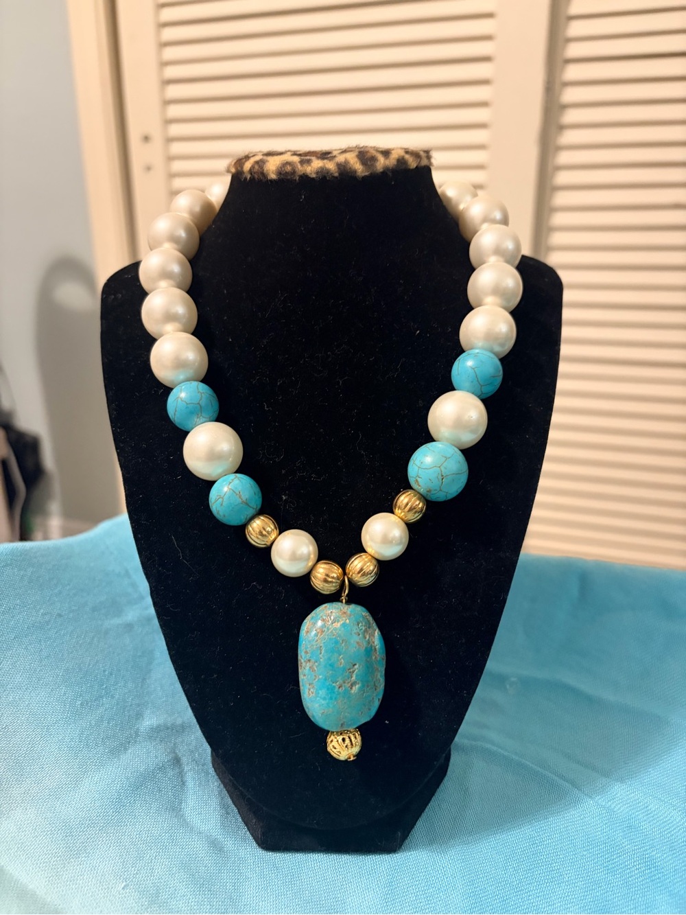 Turquoise and Large Glass Pearl Bead Necklace - Women’s Jewelry